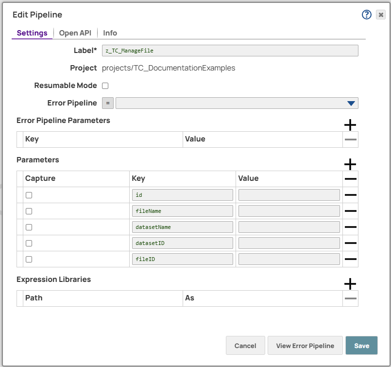 Pipeline settings including parameters for id, fileName, datasetName, datasetID and fileID.
