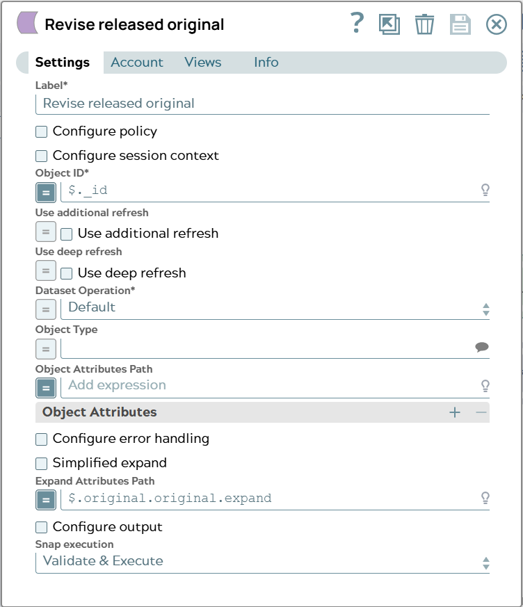 Settings of Tc Revise Snap. Dataset Operation is set to 'Default'.