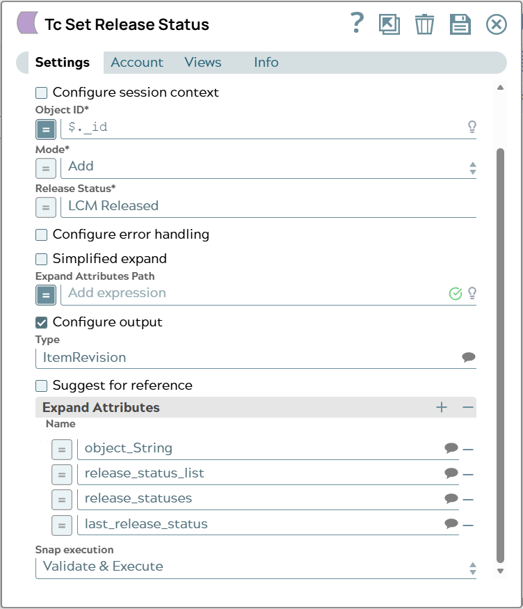 Settings tab of Tc SaveAs Snap. Field for 'Object ID' uses value from input document, Mode is 'Add' and Release Status 'LCM Released'. Expand Attributes contain some attributes relevant for status information.