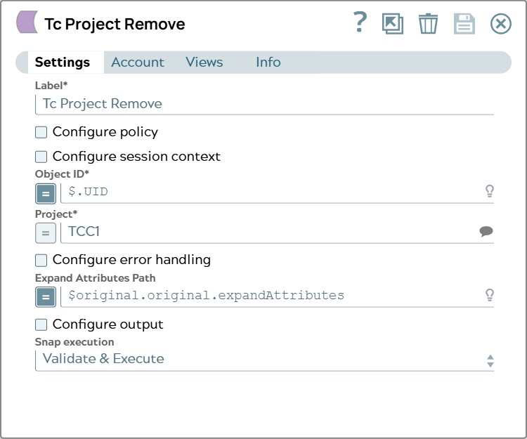 Settings of Tc Project Remove Snap.