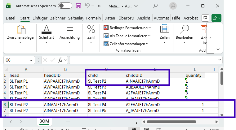 Excel file content with four rows describing BOM Lines for Head 'P1' and two rows for head 'P2'.