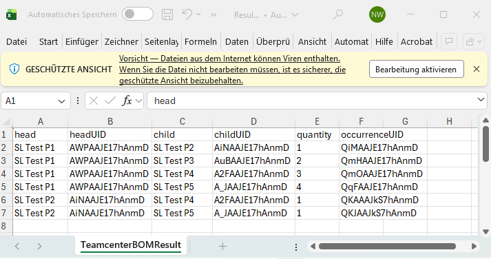 Excel file including column for occurrenceUID.