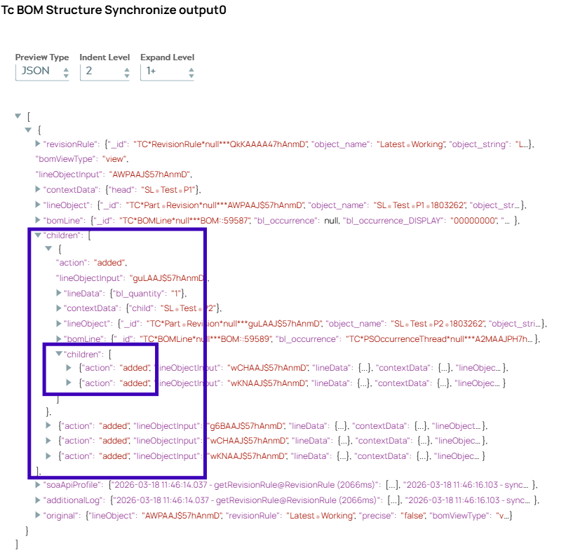 JSON document for result object of BOM synchronization.