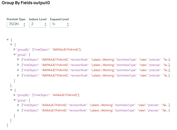JSON document of output of Group By Fields Snap.