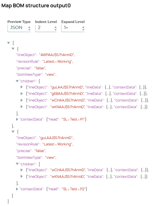 JSON document containgn two BOM structure objects.