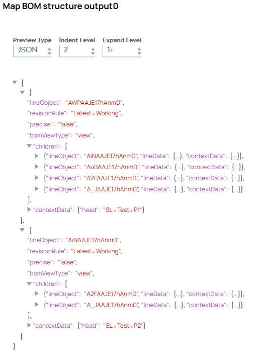 JSON document containgn two BOM structure objects.