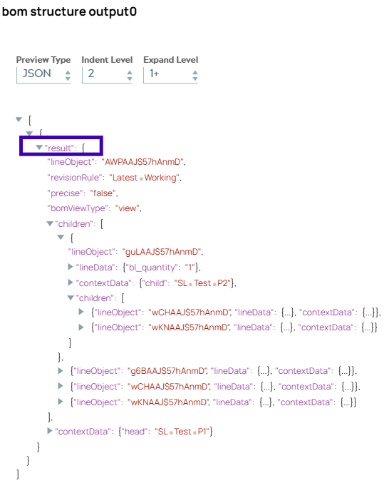 Output document content of Script Snap. JSON object 'result' contains one BOM structure with two levels.