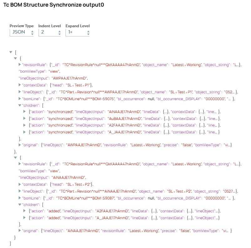 JSON document for two result objects of BOM synchronization.