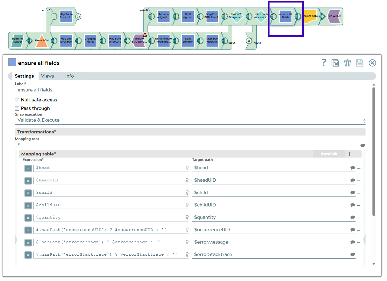 Pipeline with added Mapper Snap infront of Excel Formatter Snap. Settings of new Mapper Snap where existence of fields is checked and conditionally added with empty value.