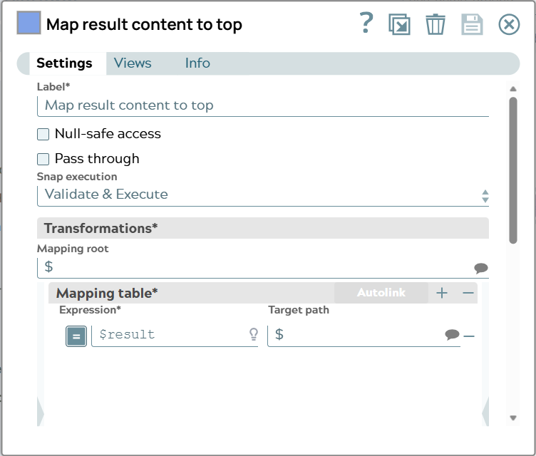 Settings of Mapper Snap. Mapping table contains one row to map result object to top level of JSON document.