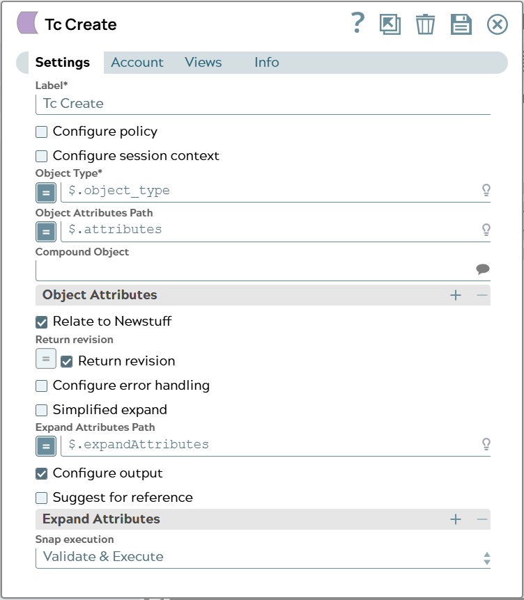 Settings of Tc Create Snap.