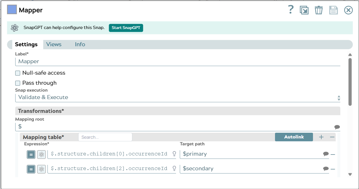Settings of Mapper Snap. Two Mapping Table rows extraxt IDs to primary and secondary property in target message.