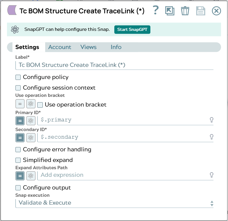 Settings of Tc BOM Structure Create Tracelink Snap matching input document information to ID fields.