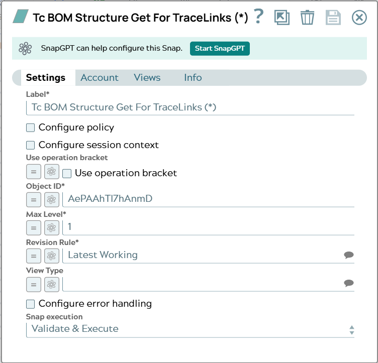 Settings for Tc BOM Structure Get For Tracelinks Snap. Object ID field is field with UID value. Revision Rule field is filled with 'Latest Working'.