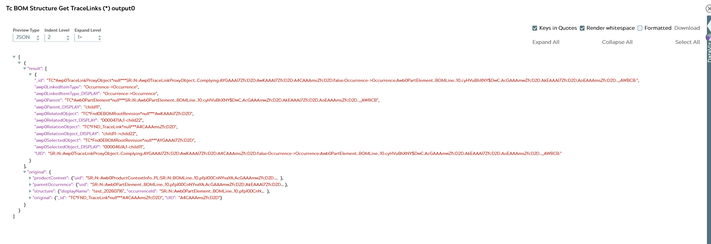 Output of Snap where result list contains one object representing Tracelink.