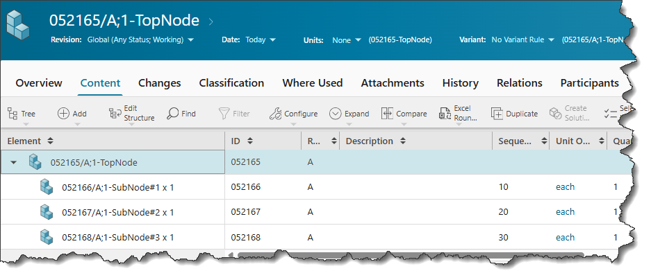 TopNode element and expanded children in Teamcenter Active Workspace.