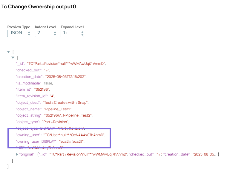 JSON output document shows object information including owning user properties.