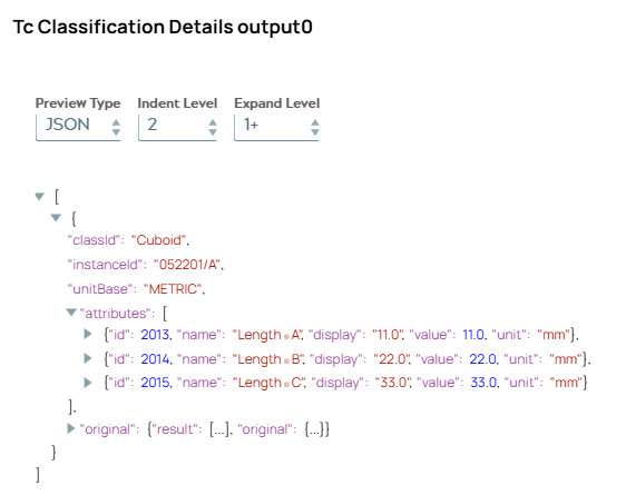 Response of Tc Classification Details contains classification object with its properties and attribute list. Attribute objects include information 'id', 'name', 'display', 'value' and 'unit'.