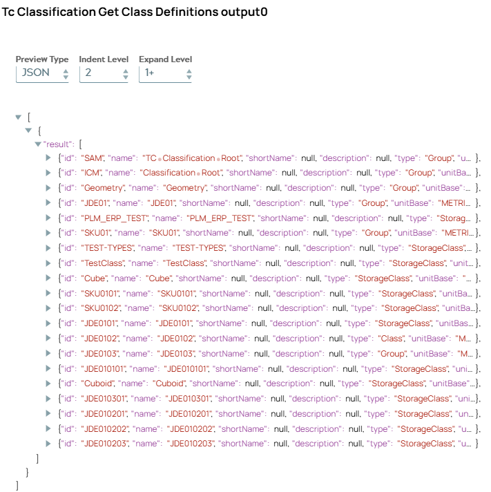 JSON output document containing list object 'result' with multiple class definition objects.