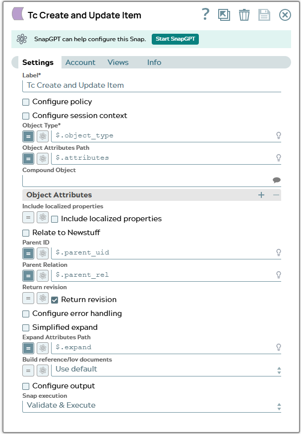 Settings tab of Tc Create And Update Item Snap using document input for filling fields.