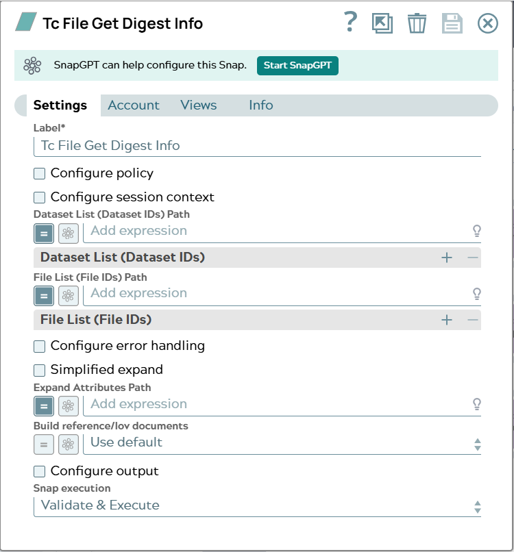 Settings tab for Snap.