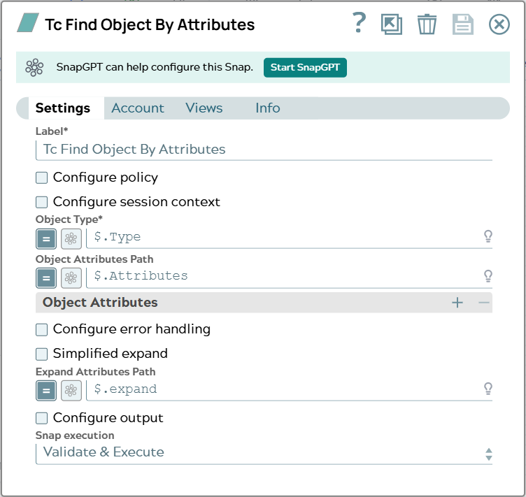 Settings of Snap matching JSON document given in input.