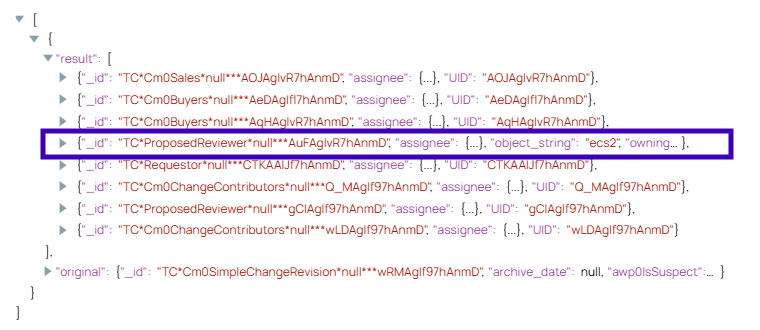 JSON document includes result list with eight participant objects related to ChangeRevision object. The JSON object for Participant which shall be removed is marked .