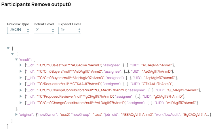JSON document includes result list with seven participant objects related to ChangeRevision object. The JSON object for Participant whose ID was given to be removed is not in list anymore..