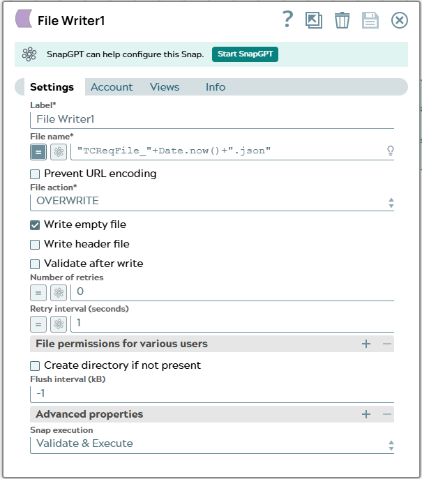 Settings tab of File Writer.