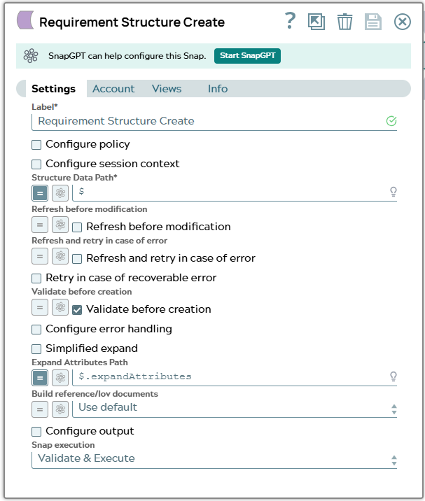 Settings tab of Snap using content of input document for fields.