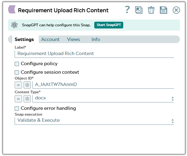 Settigns tab of Snap Tc Requirement Upload Rich Content. Field Object ID is filled with a hard coded value.