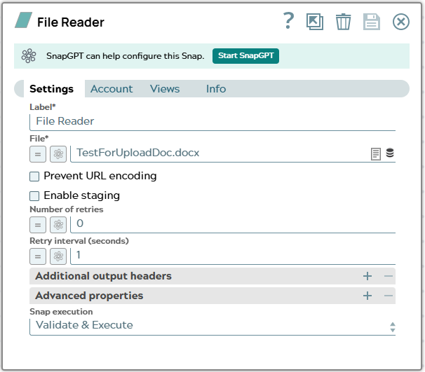 File REader settings tab. File loaded from directory is a docx file.