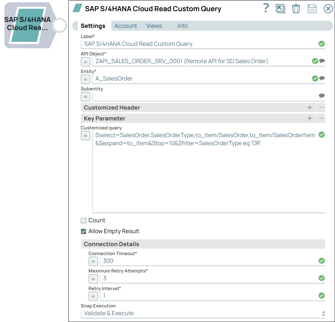 SAP S/4HANA Cloud Read Custom Query Snap dialog