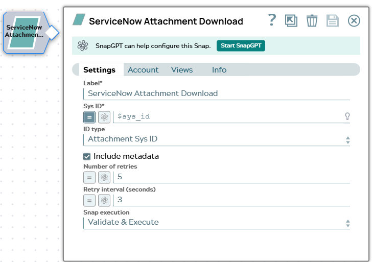 The Settings tab of the ServiceNow Attachment Download Snap, showing the Label, Sys ID, ID type, Include metadata, Number of retries, Retry interval (seconds), and Snap execution fields.