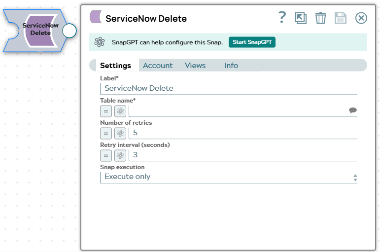 The Settings tab of the ServiceNow Delete Snap, showing the Label, Table name, Number of retries, Retry interval (seconds), and Snap execution fields.