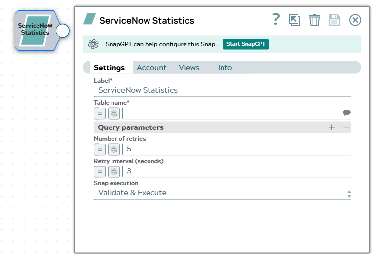 The Settings tab of the ServiceNow Statistics Snap, showing the Label, Table name, Query parameters, Number of retries, Retry interval (seconds), and Snap execution fields.