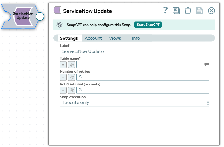 The Settings tab of the ServiceNow Update Snap, showing the Label, Table name, Number of retries, Retry interval (seconds), and Snap execution fields.