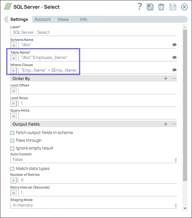 SQL Server Select Snap Configuration