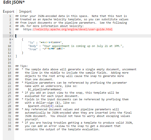 JSON Generator Snap configuration with message parameters