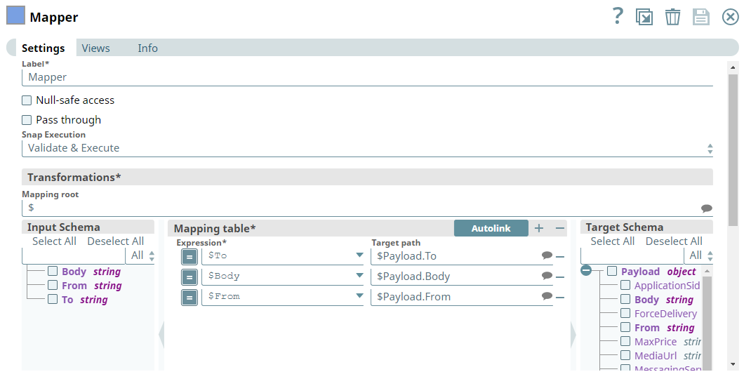 Mapper Snap configuration showing parameter mappings