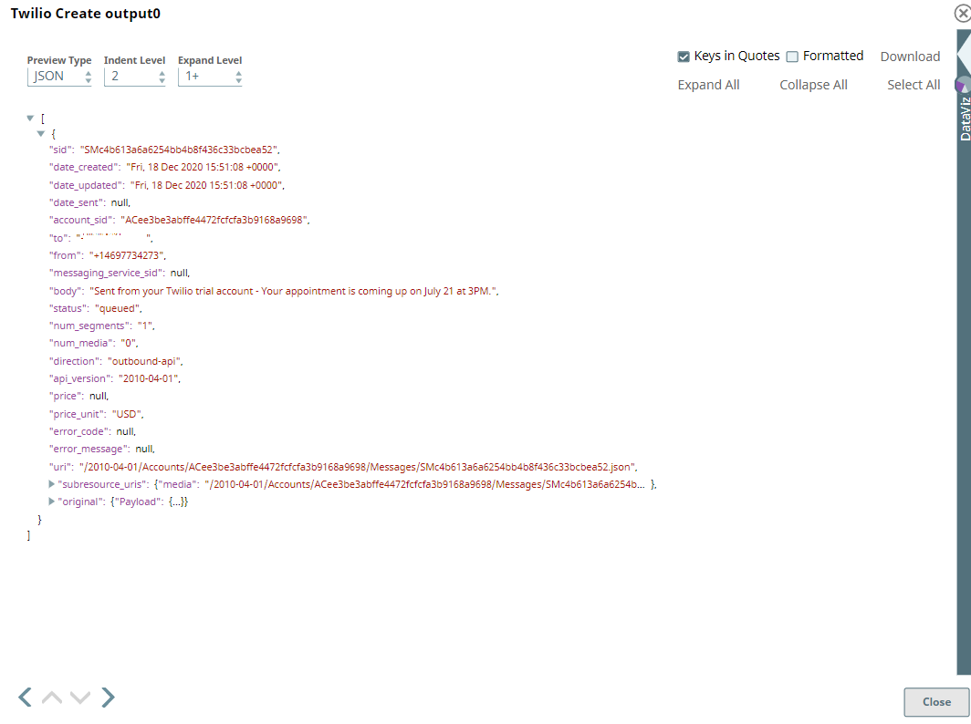 Twilio Create Snap output showing successful message creation