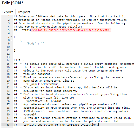 JSON Generator Snap showing Body parameter set to empty string