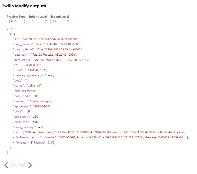 Twilio Modify Snap output showing successful message modification