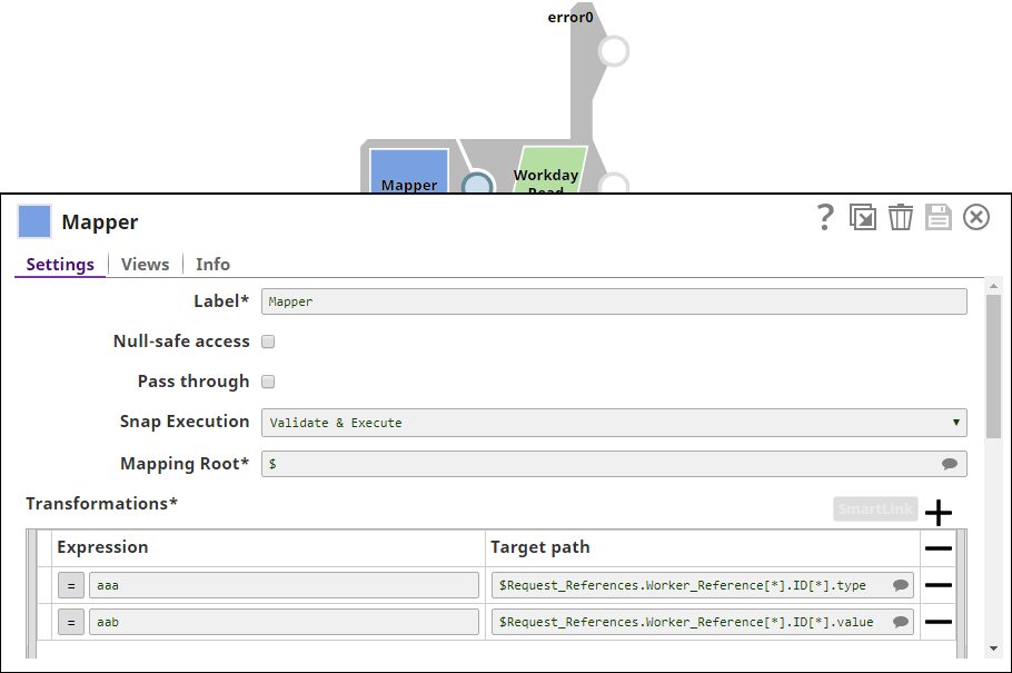 Workday Read Snap configured with bad mapping in the Mapper Snap